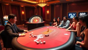 Experience the thrill of gambling at FLY 88's luxurious casino setting with poker chips and cards.