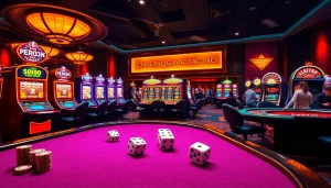 A thrilling gambling moment at nhà cái vua99 with players enjoying poker and vibrant slot machines.