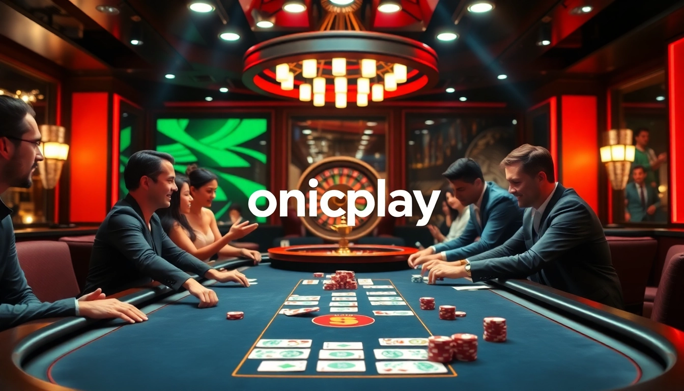 Engaging poker players at an onicplay casino table with vibrant chips and cards.
