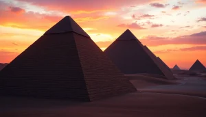 View of majestic piraminds under a dramatic sunset, highlighting ancient architectural features.