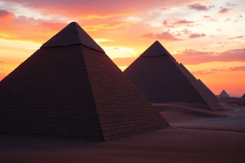 View of majestic piraminds under a dramatic sunset, highlighting ancient architectural features.