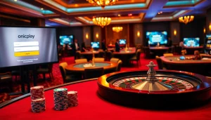 Engaging onicplay login screen displayed on a digital casino interface with poker chips.