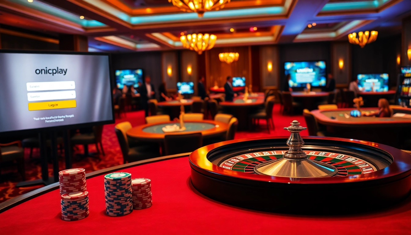 Engaging onicplay login screen displayed on a digital casino interface with poker chips.