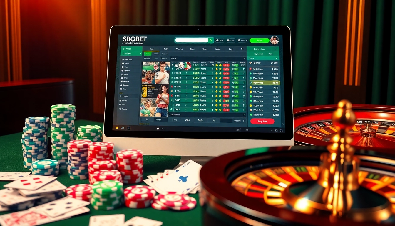 SBOBET online sports betting interface surrounded by poker chips and a roulette wheel.