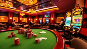 Experience the thrill of hay.win with vibrant casino gameplay featuring poker chips, cards, and slot machines.