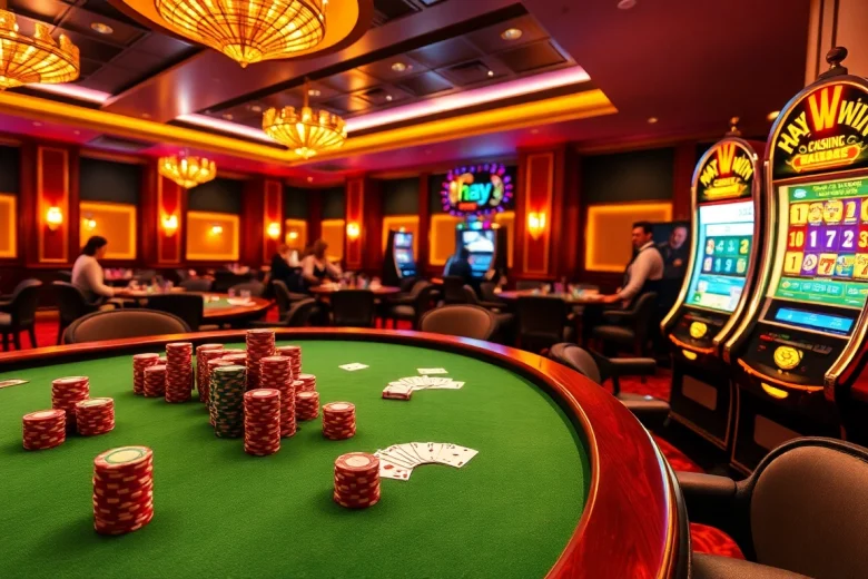 Experience the thrill of hay.win with vibrant casino gameplay featuring poker chips, cards, and slot machines.