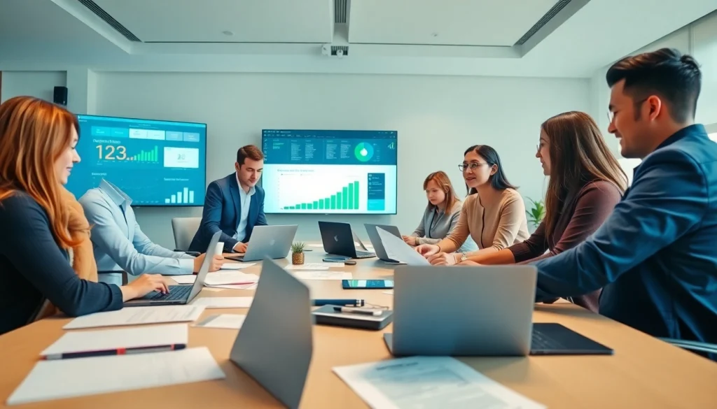 在现代办公室使用 WPS Office 软件于 wps官网 的协作场景，展示团队合作与创新。