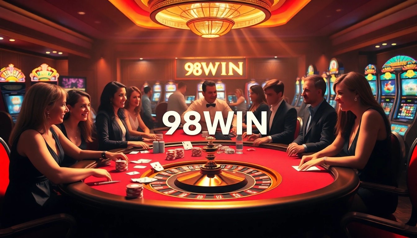 Players enjoying an exciting game at 98WIN casino with vibrant slot machines and poker elements.