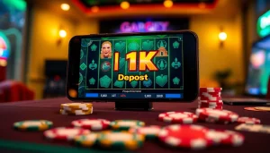 Slot deposit 1k pada layar ponsel dengan desain grafis dan aksesori menarik.