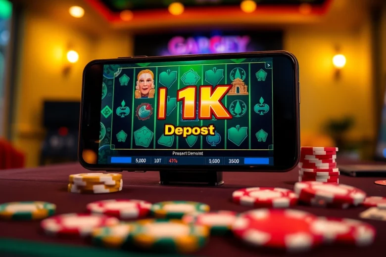 Slot deposit 1k pada layar ponsel dengan desain grafis dan aksesori menarik.