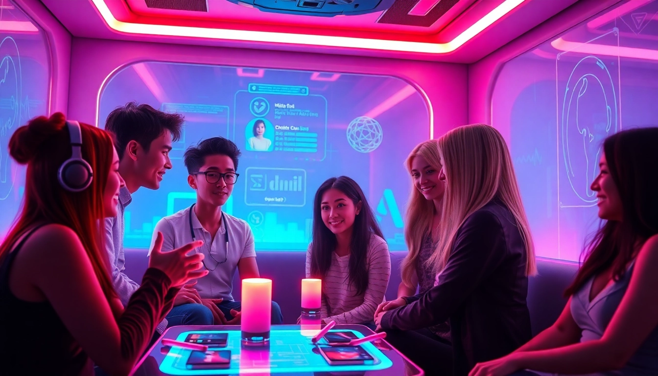 Engaging NSFW chat AI avatars interact in a vibrant, futuristic online setting.