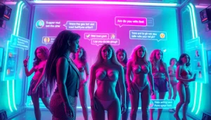 Dynamic NSFW AI chatbot interaction with vibrant characters and futuristic digital elements.