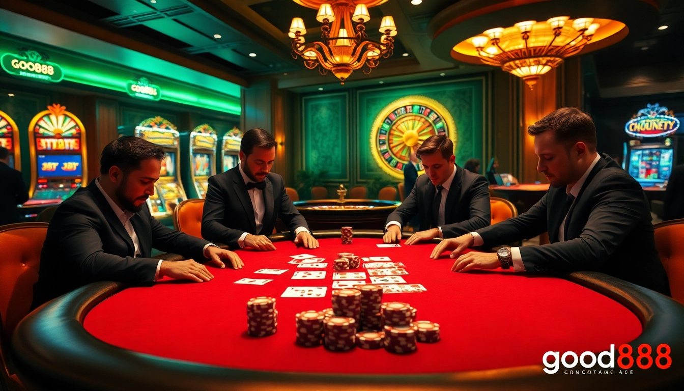 Intense poker match at a luxurious casino table featuring good88's iconic branding