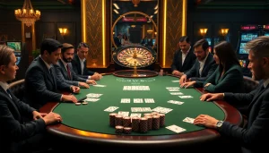 Hello88 casino scene with players engaged in poker and roulette, embodying luxury and excitement.