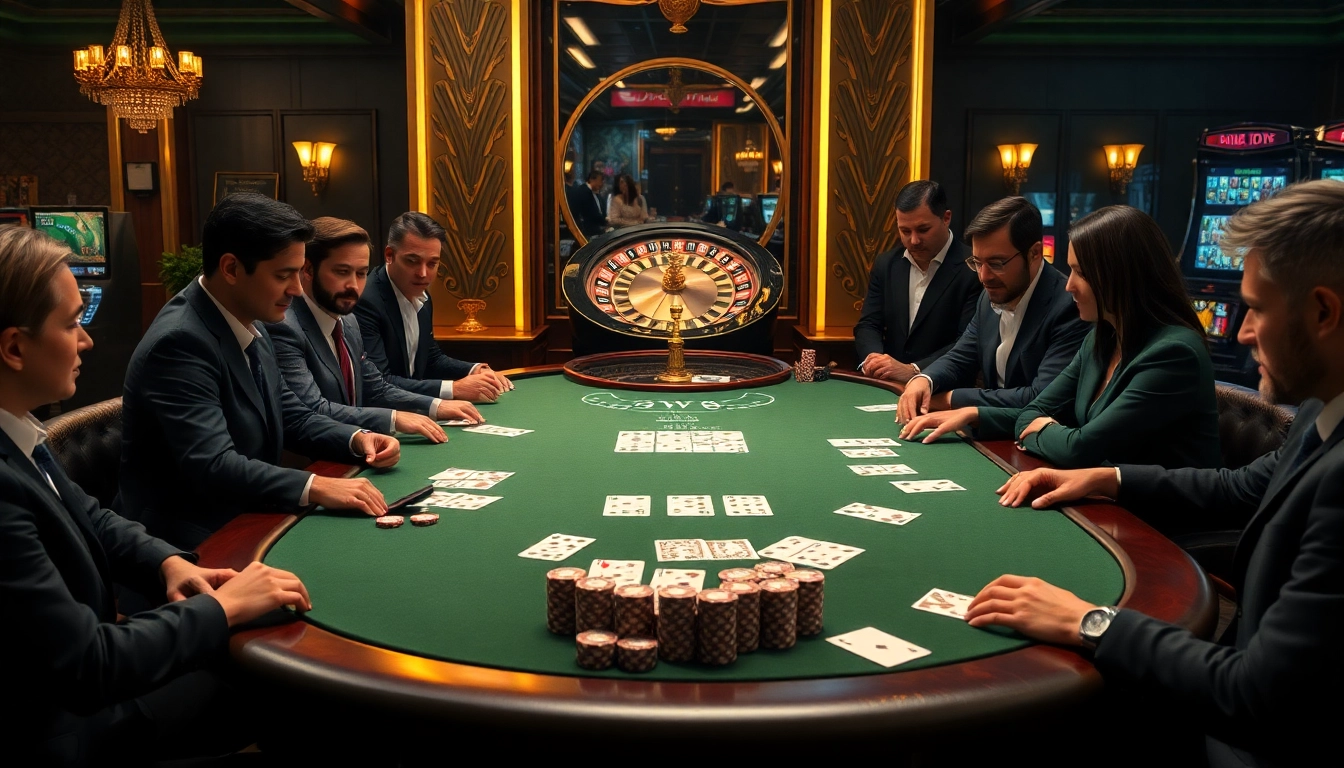 Hello88 casino scene with players engaged in poker and roulette, embodying luxury and excitement.