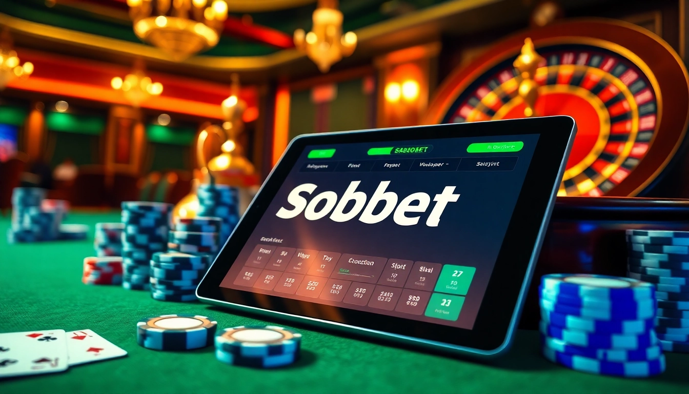 Engaging sbobet betting interface surrounded by poker chips and roulette wheel.