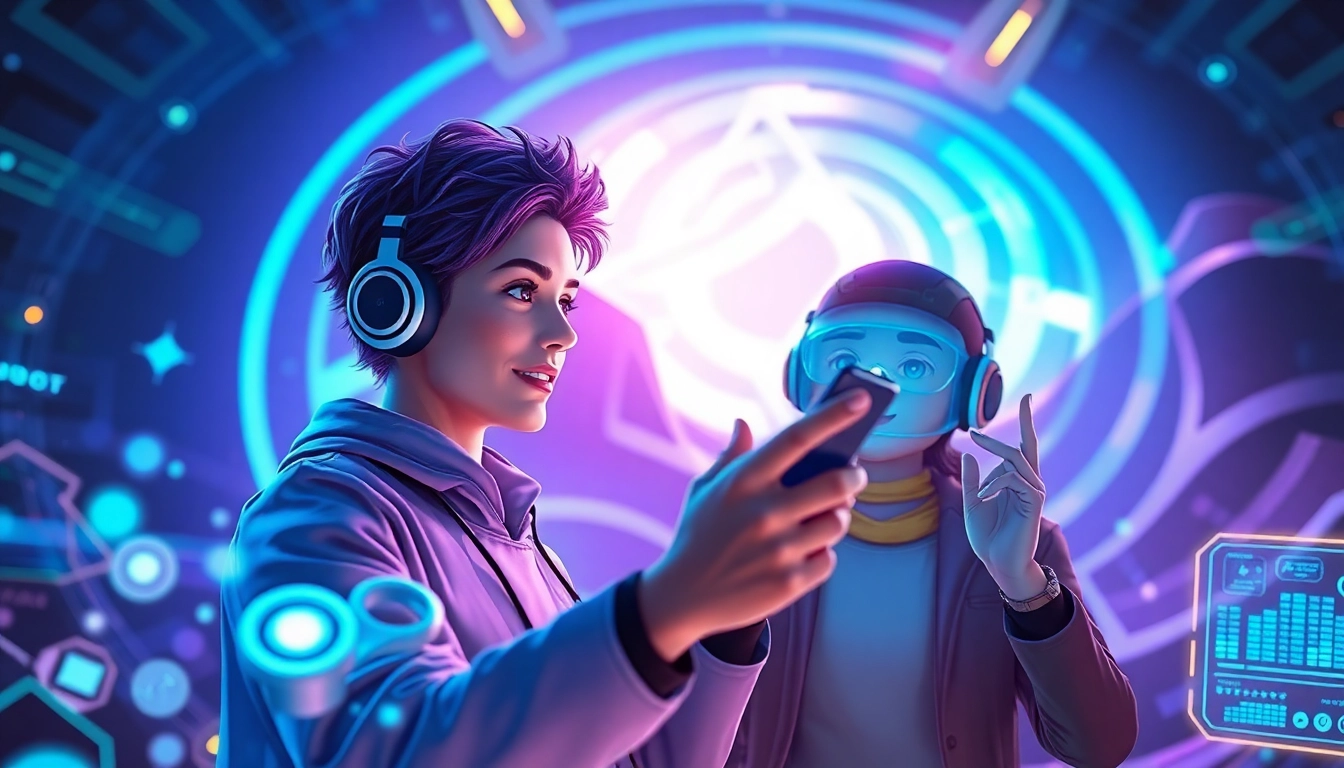 Engaging digital scene depicting an nsfw character interacting with a virtual assistant in a futuristic setting.
