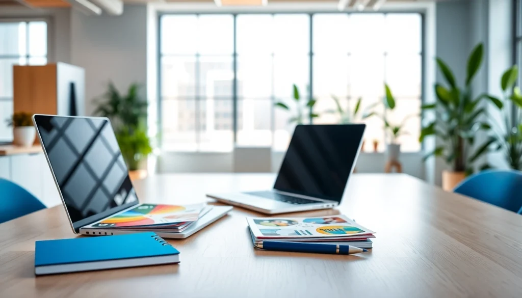 Enhance Business Marketing strategies with a professional workspace showcasing tools and vibrant atmosphere.