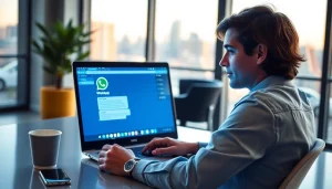 在现代工作空间中，年轻专业人士在笔记本电脑上使用快连VPN进行WhatsApp Web