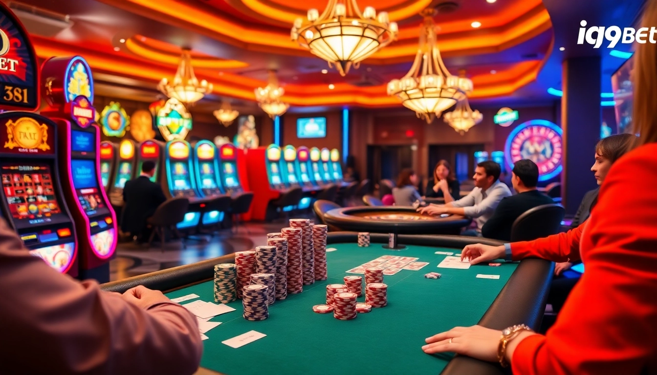 Engage in lively poker action at i9bet casino, showcasing intense concentration and vibrant casino elements.