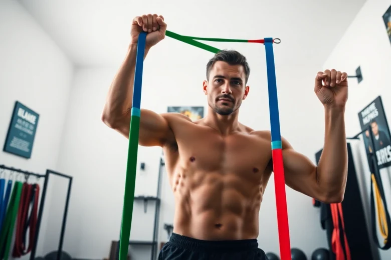 Stretch bands for pull-ups in action, showcasing vibrant resistance bands used by a fitness enthusiast in a modern gym setting.