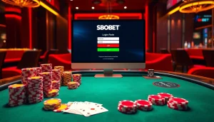 Visualizing sbobet login with an elegant poker table, casino chips, and a luxurious online gambling interface.
