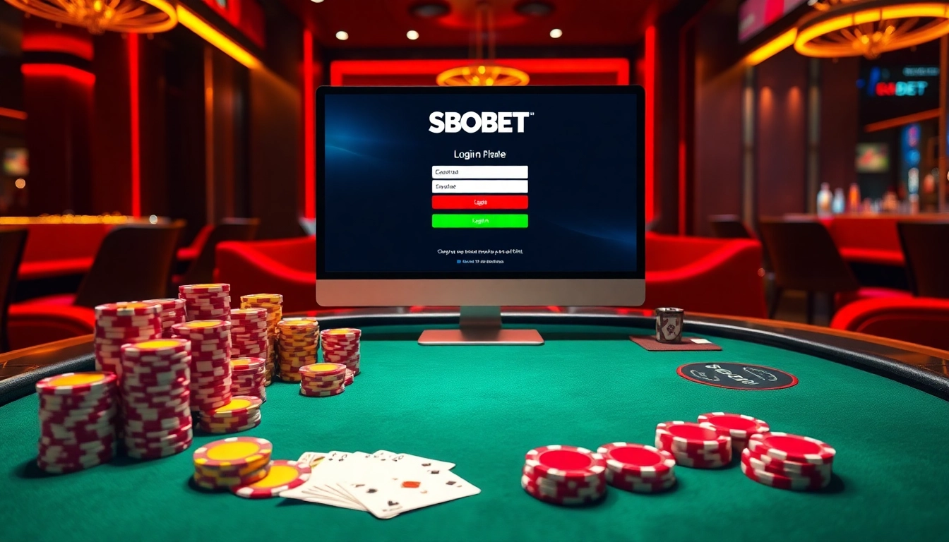 Visualizing sbobet login with an elegant poker table, casino chips, and a luxurious online gambling interface.