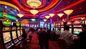 Adegan menarik para pemain yang menikmati slot demo Mahjong di kasino mewah.