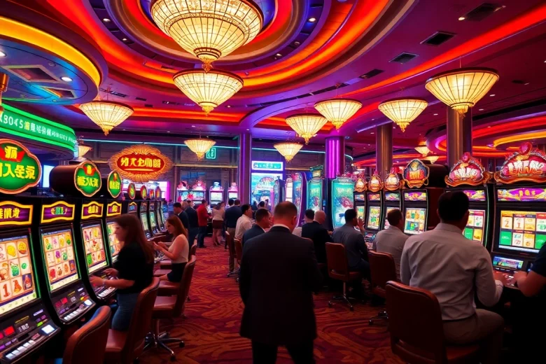 Adegan menarik para pemain yang menikmati slot demo Mahjong di kasino mewah.