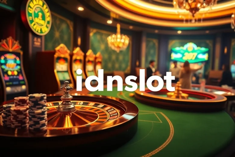Players enjoying thrilling idnslot games at a luxury casino table with vibrant slot machines.