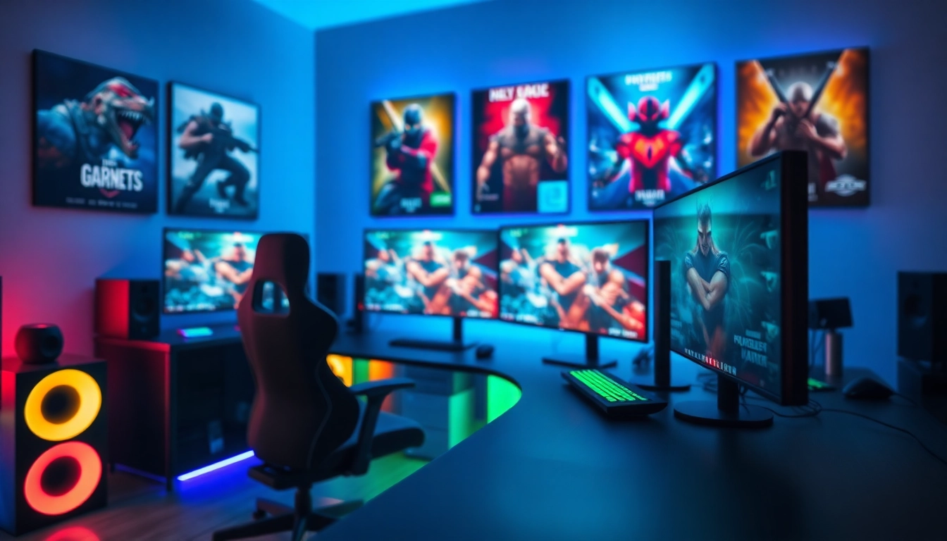 Engaging scene of a gaming setup featuring game reviews 2026 on monitors in a vibrant workspace.