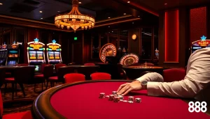 Experience the thrill of FLY 88 as players engage at a high-stakes poker table in a luxurious casino.