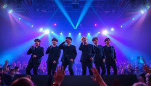 BTS news highlights the band's electrifying stage performance with vibrant concert energy.
