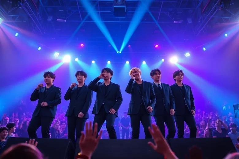 BTS news highlights the band's electrifying stage performance with vibrant concert energy.