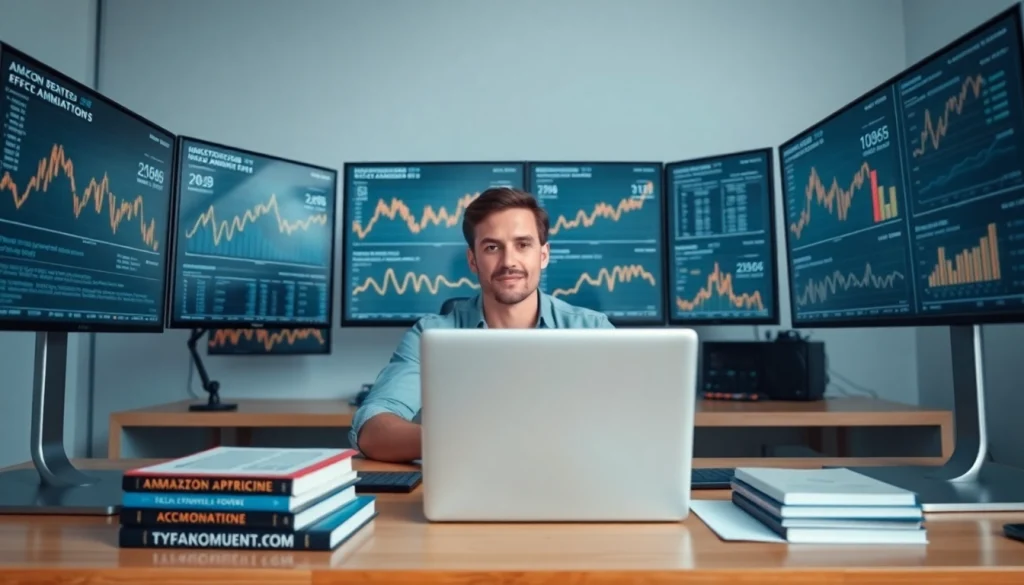 Infosec professional analyzing Amazon price data on multiple screens while surrounded by coding books and digital finance charts.