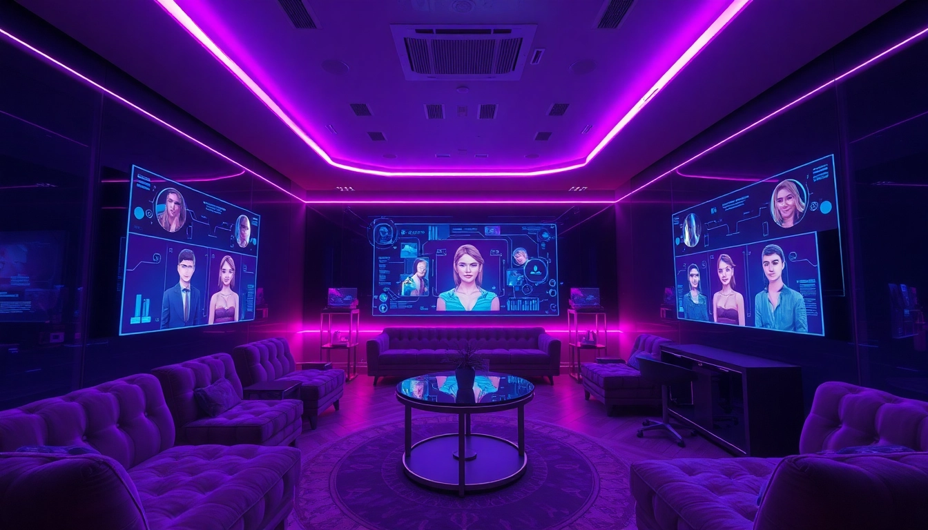 Engaging NSFW character AI interaction in a modern digital lounge with holographic interfaces.