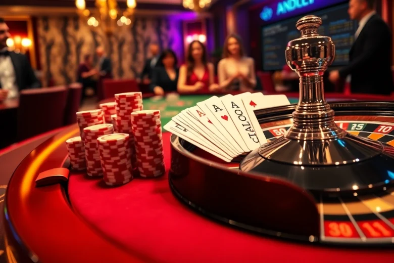 Une expérience de casino en ligne fiable palpitante avec des jetons de poker vibrants et une roue de roulette.
