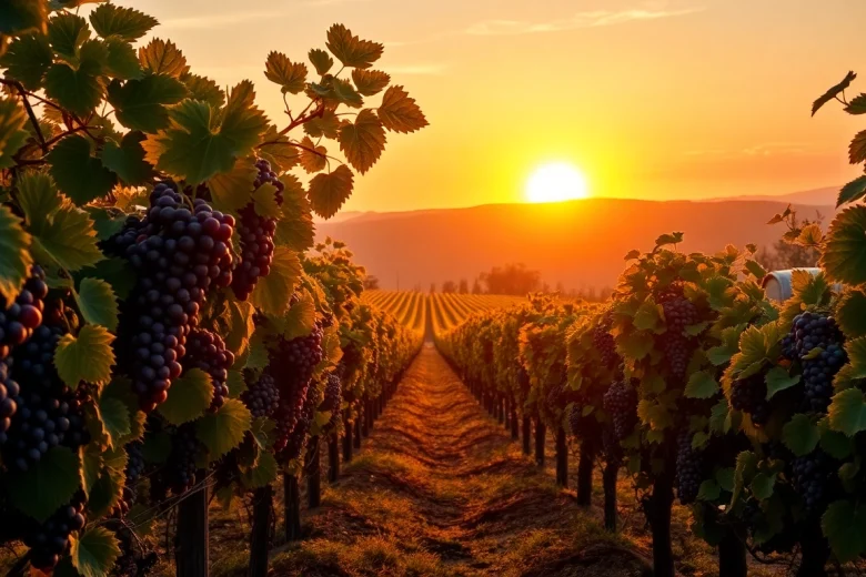 Tempranillo grapes in a vineyard at sunset, highlighting their rich color and lush environment.