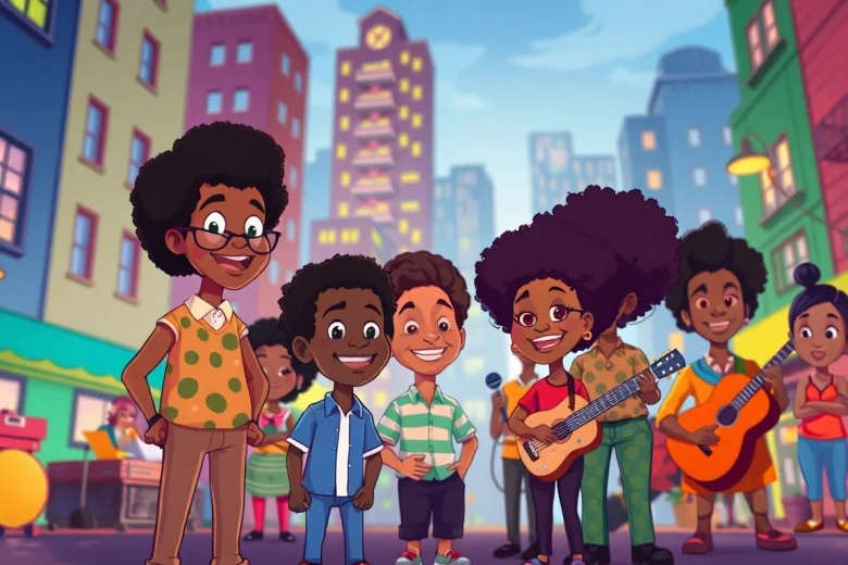 A vibrant scene of iconic African American cartoons celebrating diversity and cultural richness.