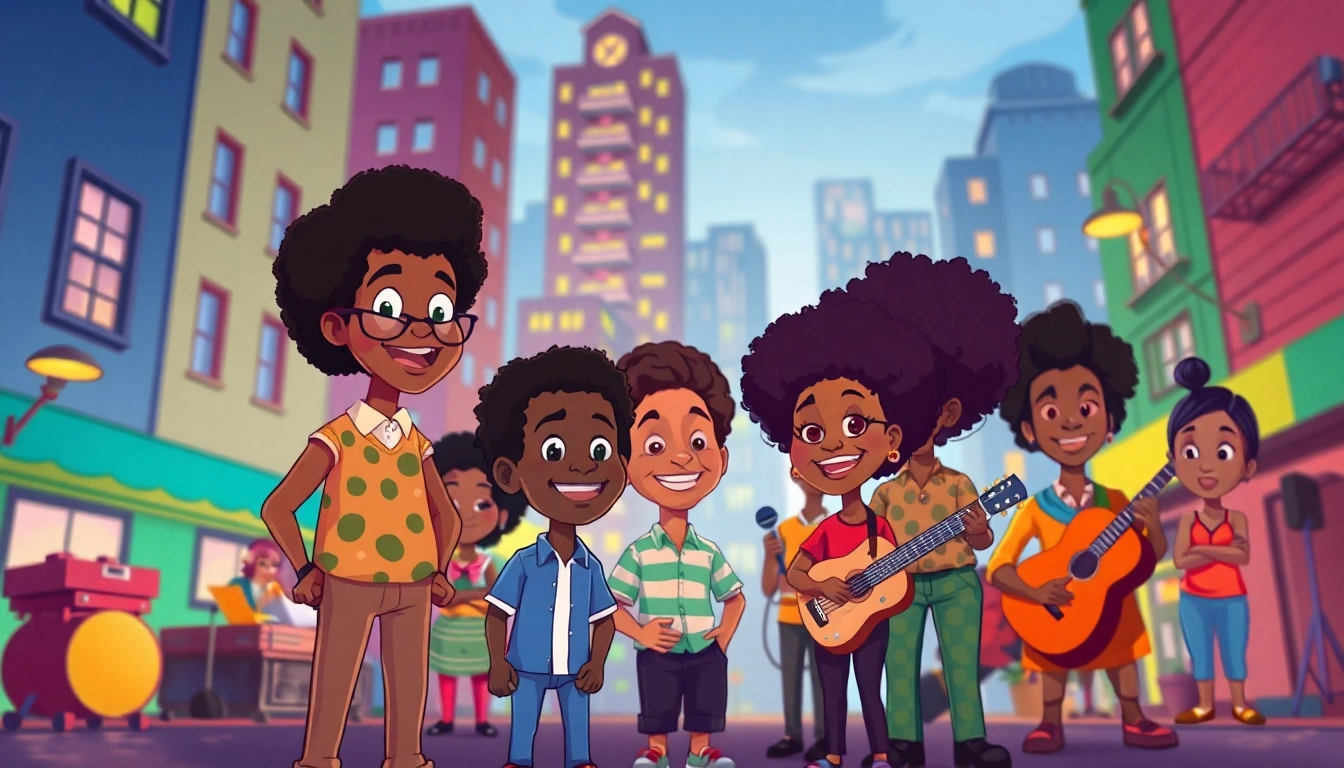 A vibrant scene of iconic African American cartoons celebrating diversity and cultural richness.