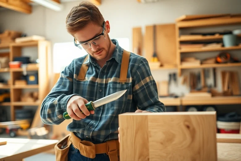Engaged carpenter demonstrates skill in a carpentry apprenticeship workshop.
