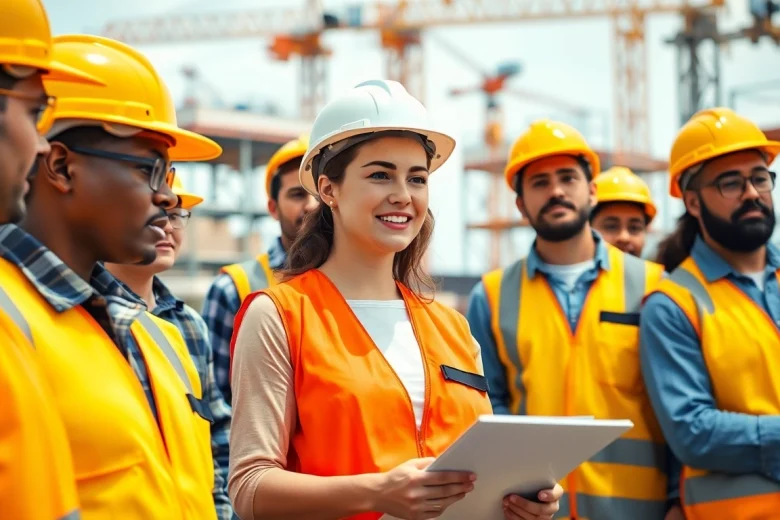 Construction workforce development team collaborating at a lively job site with safety gear.