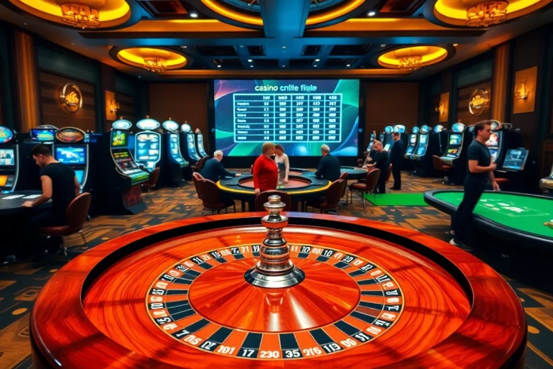 Action à enjeux élevés dans un casino en ligne fiable avec roulette et joueurs excités.