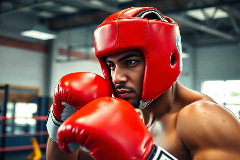 Kämpfer im Headgear Boxing trainiert konzentriert mit einem auffälligen Kopfschutz.
