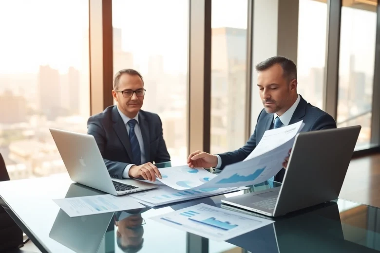 Analyzing Bid-No-Bid Analysis documents in a modern office for strategic decision-making.