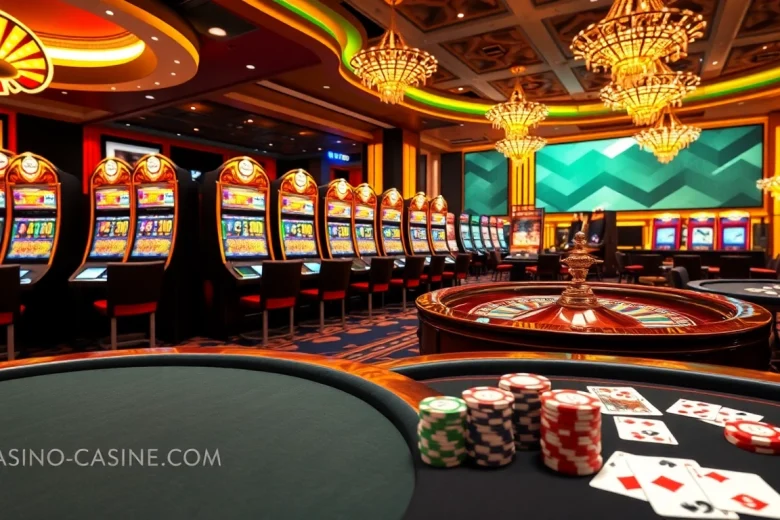 Découvrez l'excitation d'un casino en ligne fiable avec des machines à sous vibrantes, des roues de roulette et des tables de poker dans cette scène immersive.