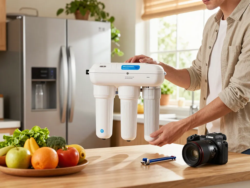 Homeowner replacing the Waterdrop Plus LT1000PC ADQ747935 NSF 401 Refrigerator Water Filter and Air Filter in a bright kitchen.