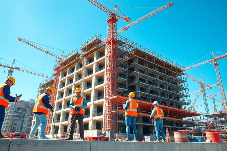 Construction workers actively collaborating on a large building project at a vibrant construction site.