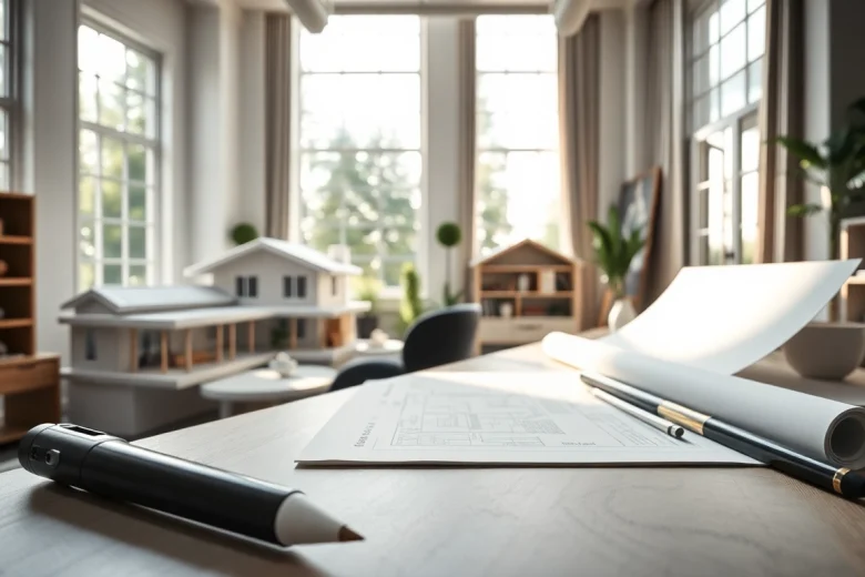 Showcasing Custom residential architecture services in a bright and professional architect's workspace.