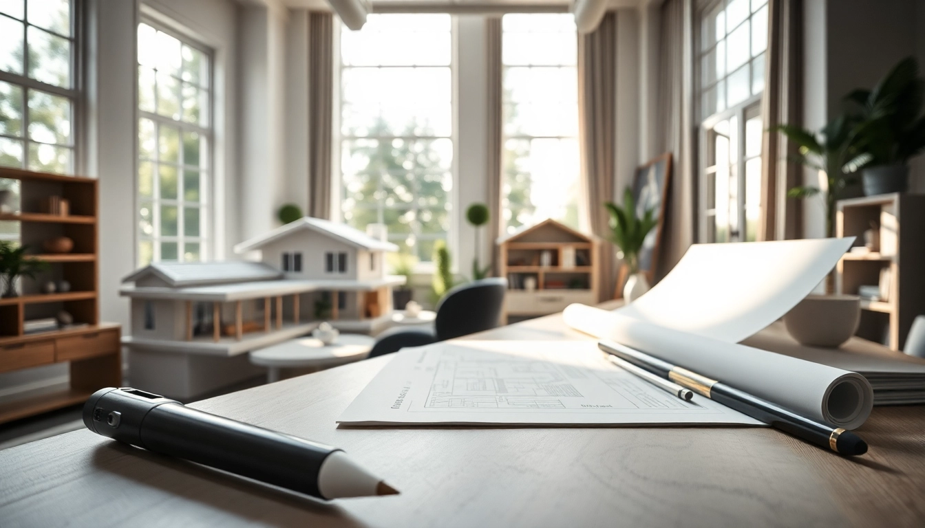 Showcasing Custom residential architecture services in a bright and professional architect's workspace.